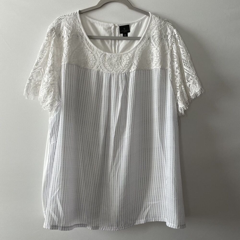 Worthington Woman Lace Yoke Flutter Sleeve Striped Blouse White Size 3X-(dp)